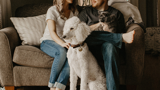 A couple with a white poodle and a cat