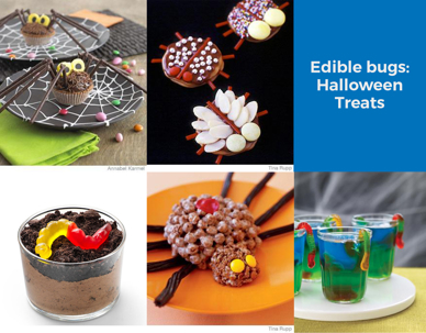 Collage of Halloween themed food, some resembling bugs and spiders.