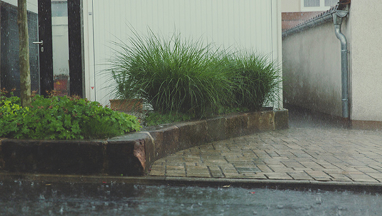 Rain falls heavily on a paved yard.
