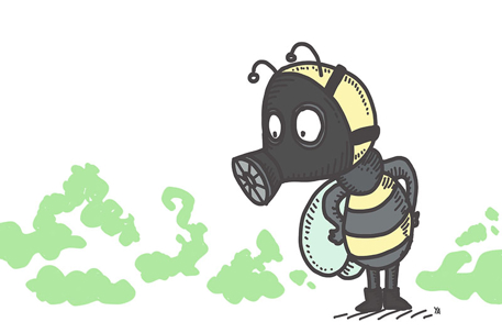 Cartoon bee wears a gas mask against a background of green smog