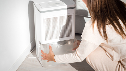 woman  removing the water collection tray from a dehumidifier.