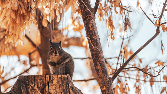 A squirrel sits on a tree stump.