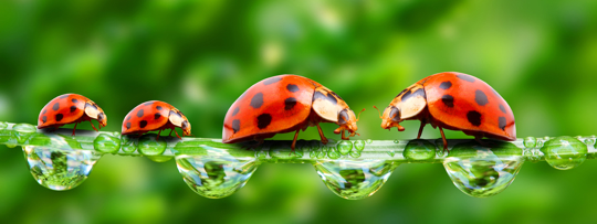 A close-up of four ladybugs on a dew-covered stem
