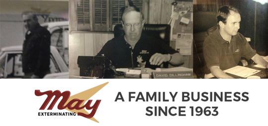 A collage featuring three generations of men above the logo and text "May Exterminating, A Family Business Since 1963."
