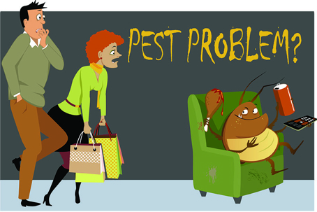 A cartoon depicts a couple surprised by a cockroach reclining in an armchair.